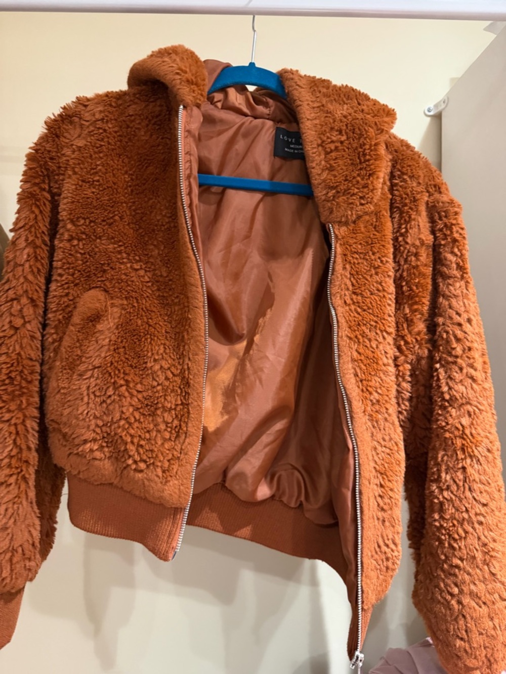 Love Tree Teddy Bomber Jacket in Rust Orange